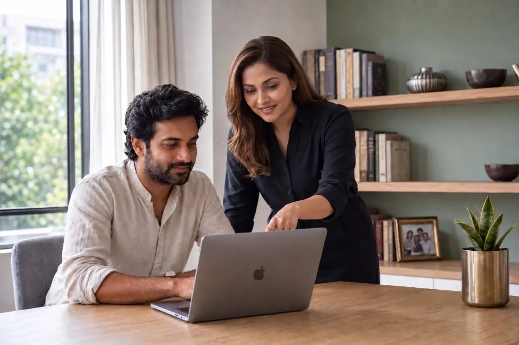 Komrcify advisors collaborating at a laptop in a warm modern office, your Amazon.in account manager team in India.