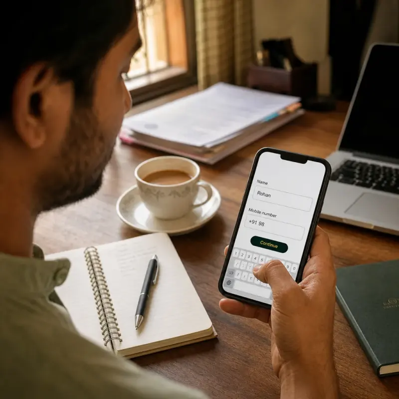An Indian seller at a home-office desk filling Komrcify's short enquiry form with name and +91 mobile on their phone, with a notebook, pen and a cup of chai beside them.