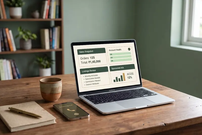 An empty home-office desk with a laptop showing a seller account review dashboard — sales snapshot, account health, listings review, and sponsored ads — plus a phone ready for the callback, chai and notebook nearby.